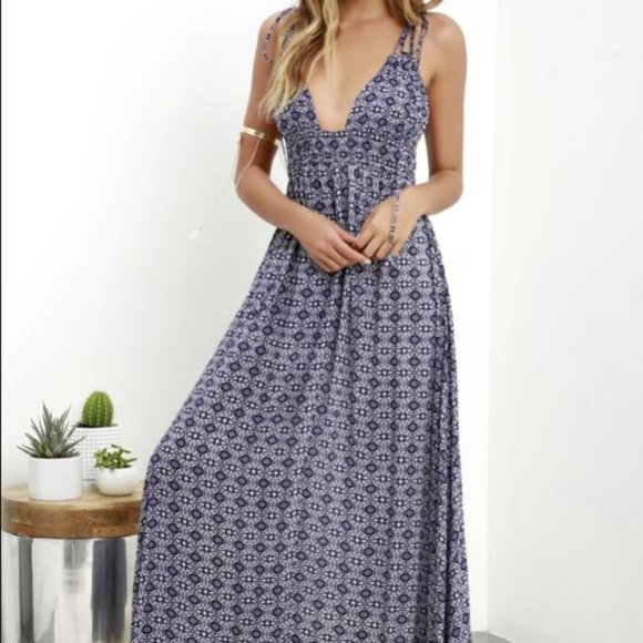 Lulus LuLu's Field Day Navy Blue Print Tie Strap Maxi Dress Knit Paisley Floral - Picture 1 of 5